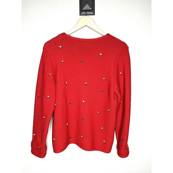 Lanamoden Salzburg Red Floral Embroidery Wool Chunky Knit Cardigan Sweater - Picture 3 of 3